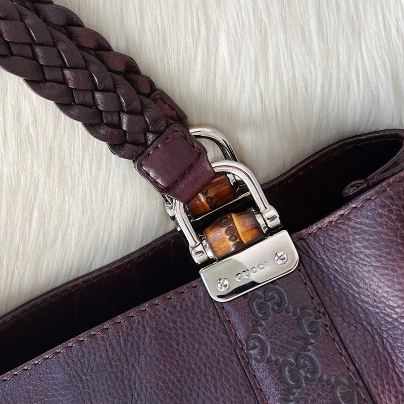 Gucci Plum Leather Signature Double G Detail Triple Compartment Shoulder Bag