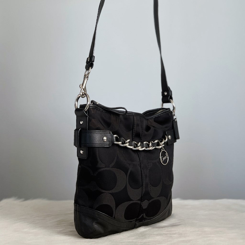 Coach Black Monogram Front Chain Detail Crossbody Shoulder Bag