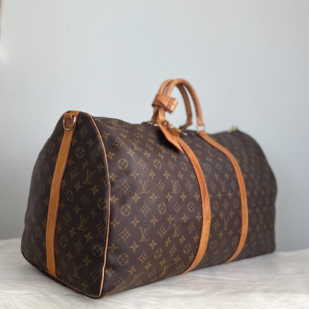 Louis Vuitton Signature Monogram Bandouliere Keepall 60 Travel Bag Full Set