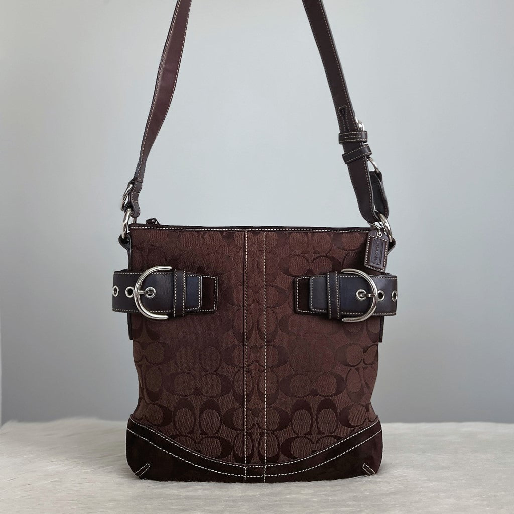 Coach Chocolate Suede Patchwork Monogram Crossbody Shoulder Bag