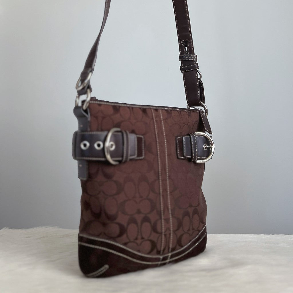 Coach Chocolate Suede Patchwork Monogram Crossbody Shoulder Bag