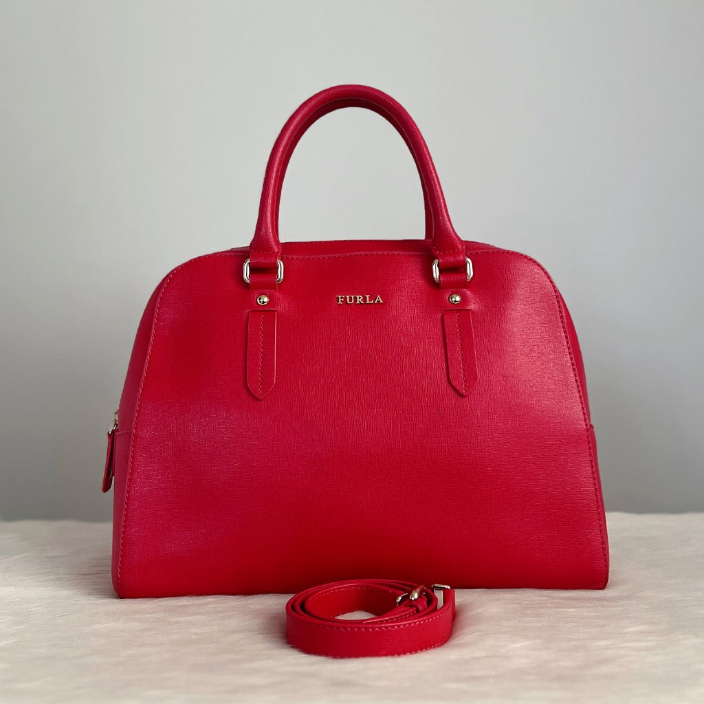 Furla Strawberry Leather Boston Career 2 Way Shoulder Bag Excellent