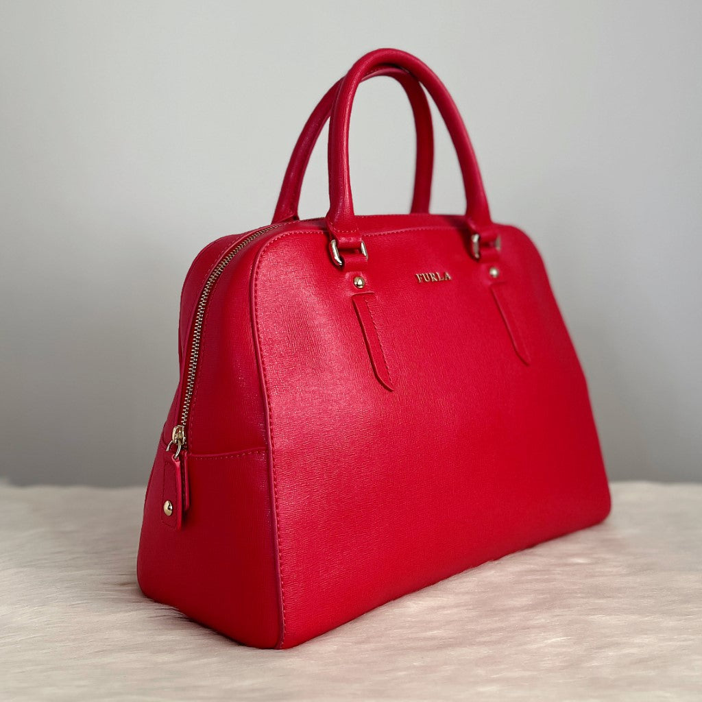 Furla Strawberry Leather Boston Career 2 Way Shoulder Bag Excellent