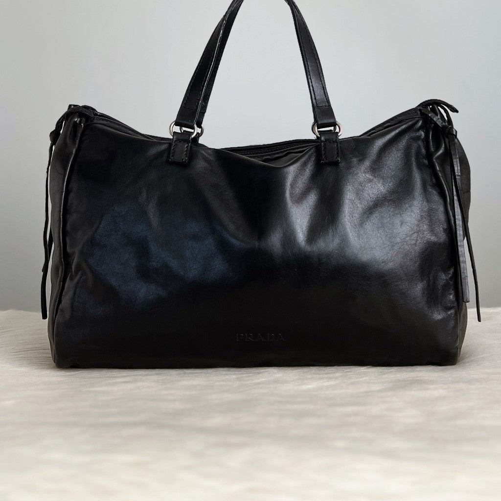 Prada Black Leather Drawstring Tote Bag