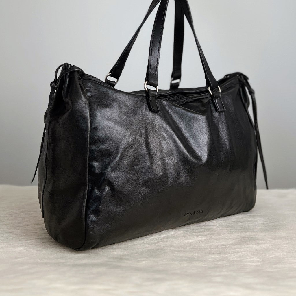 Prada Black Leather Drawstring Tote Bag