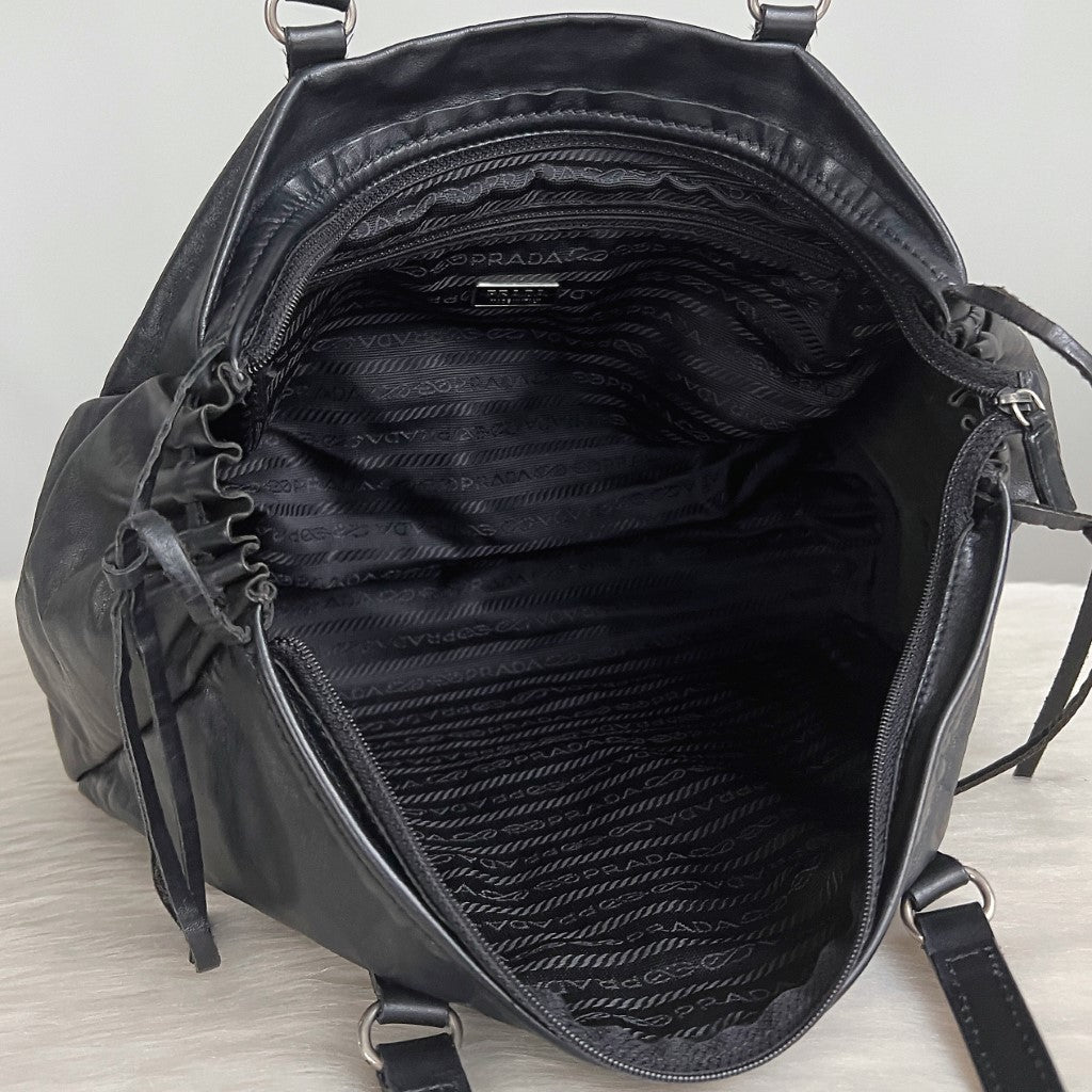 Prada Black Leather Drawstring Tote Bag