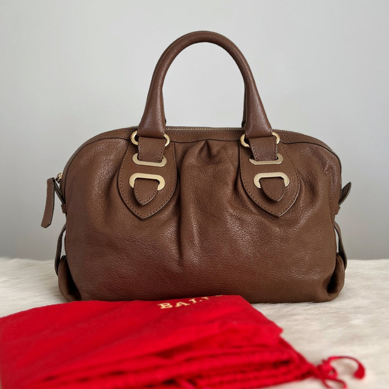 Bally Brown Leather Boston Tote Bag Excellent