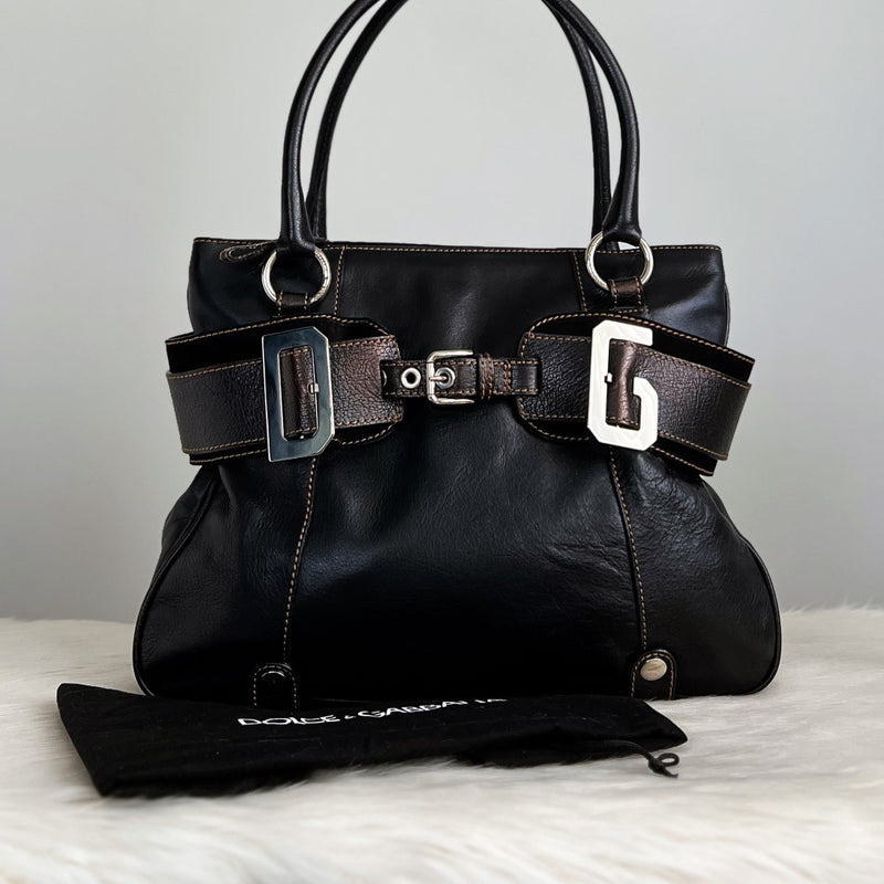 Dolce & Gabbana D&G Black Leather Triple Compartment Shoulder Bag Excellent