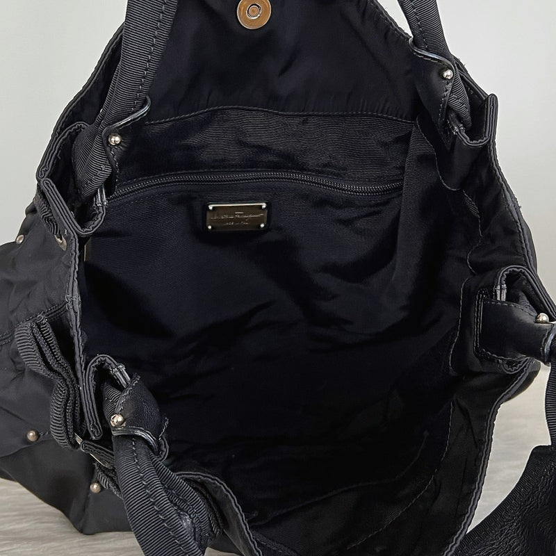 Salvatore Ferragamo Black Nylon Bow Detail Shoulder Bag Excellent