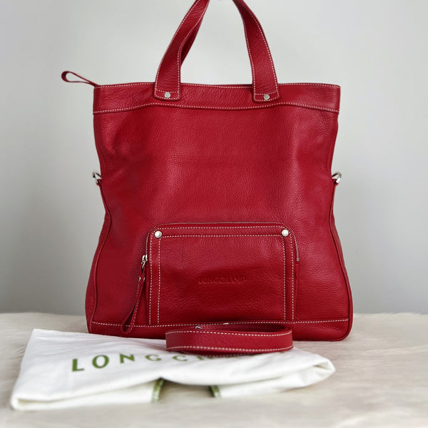 Longchamp Red Leather Front Pocket Fold 2 Way Shoulder Bag Excellent