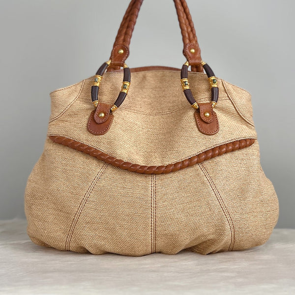 Valentino Caramel Leather Trim Ring Detail Straw Shoulder Bag