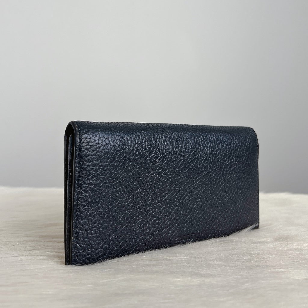 Bally Black Leather Zip Compartment Classic Unisex Long Wallet