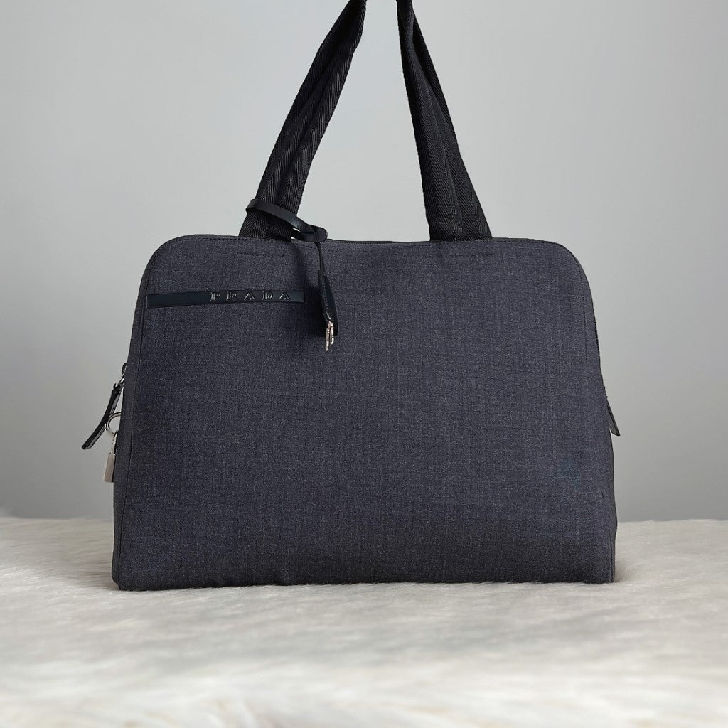 Prada Grey Canvas Front Detail Career Shoulder Bag