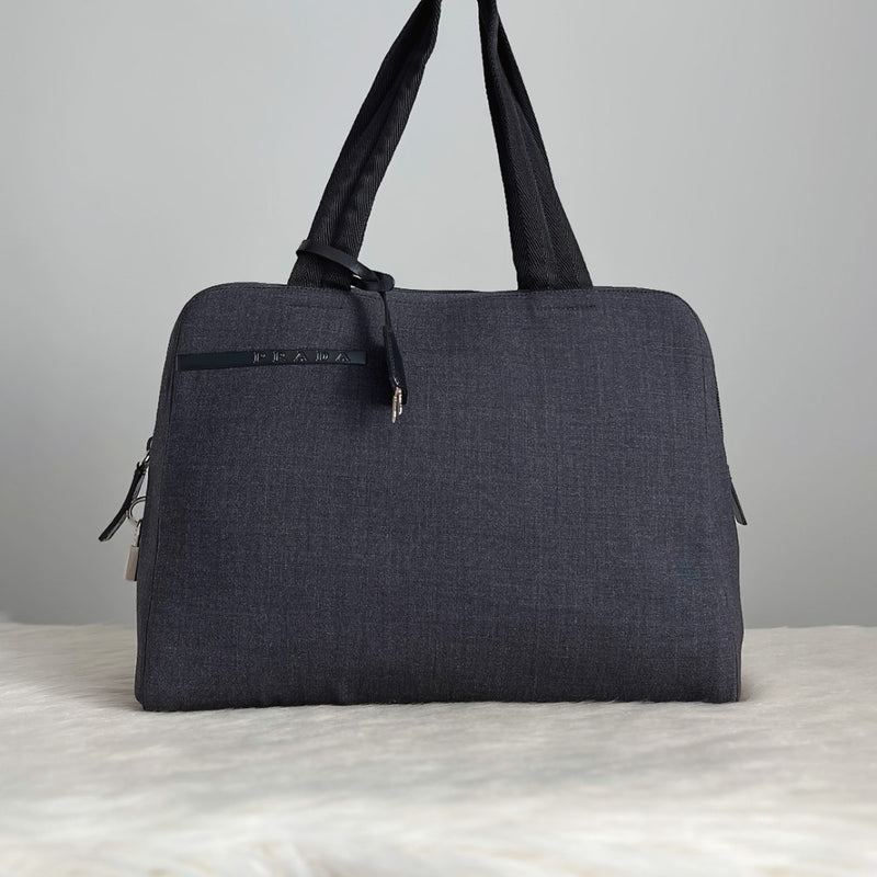 Prada Grey Canvas Front Detail Career Shoulder Bag