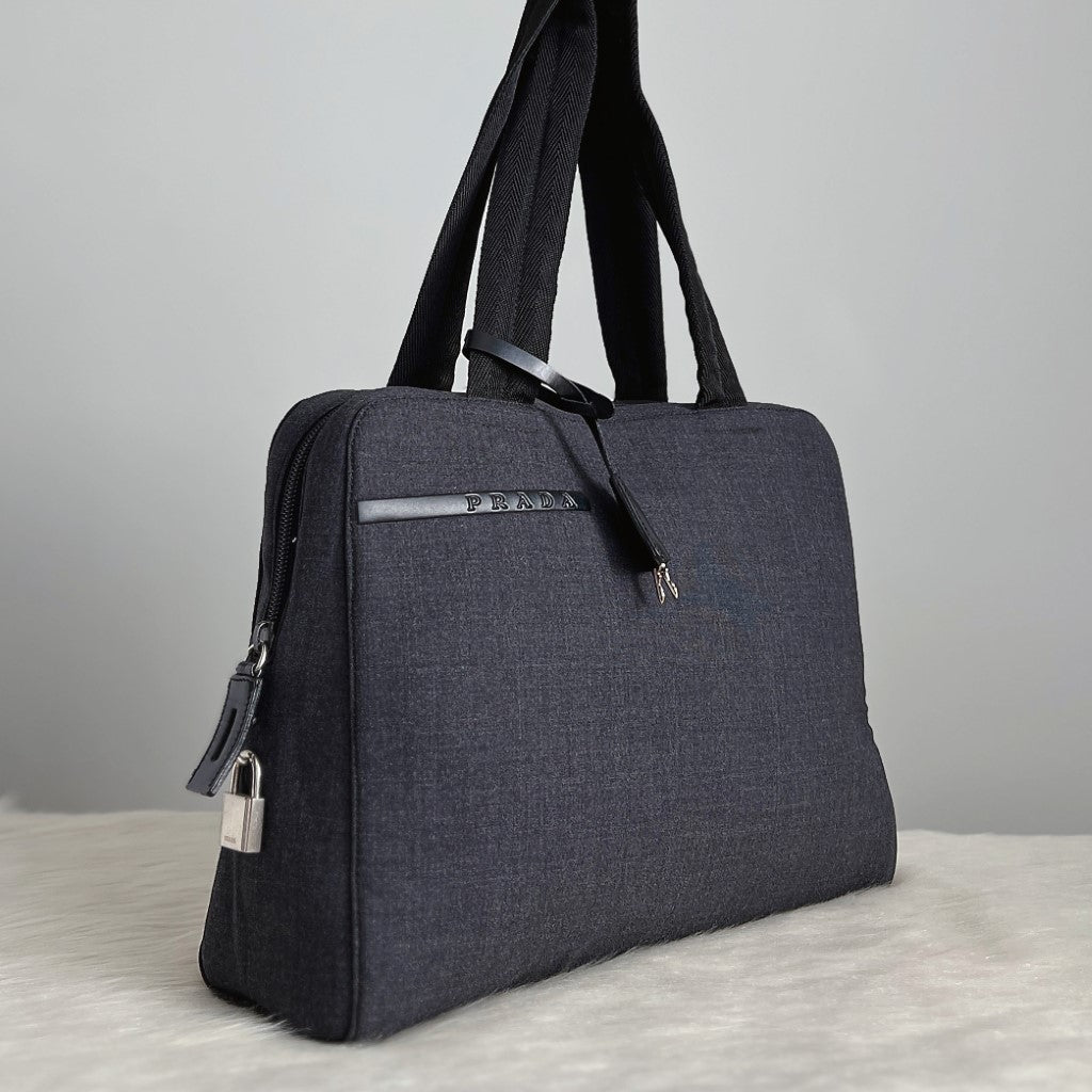 Prada Grey Canvas Front Detail Career Shoulder Bag