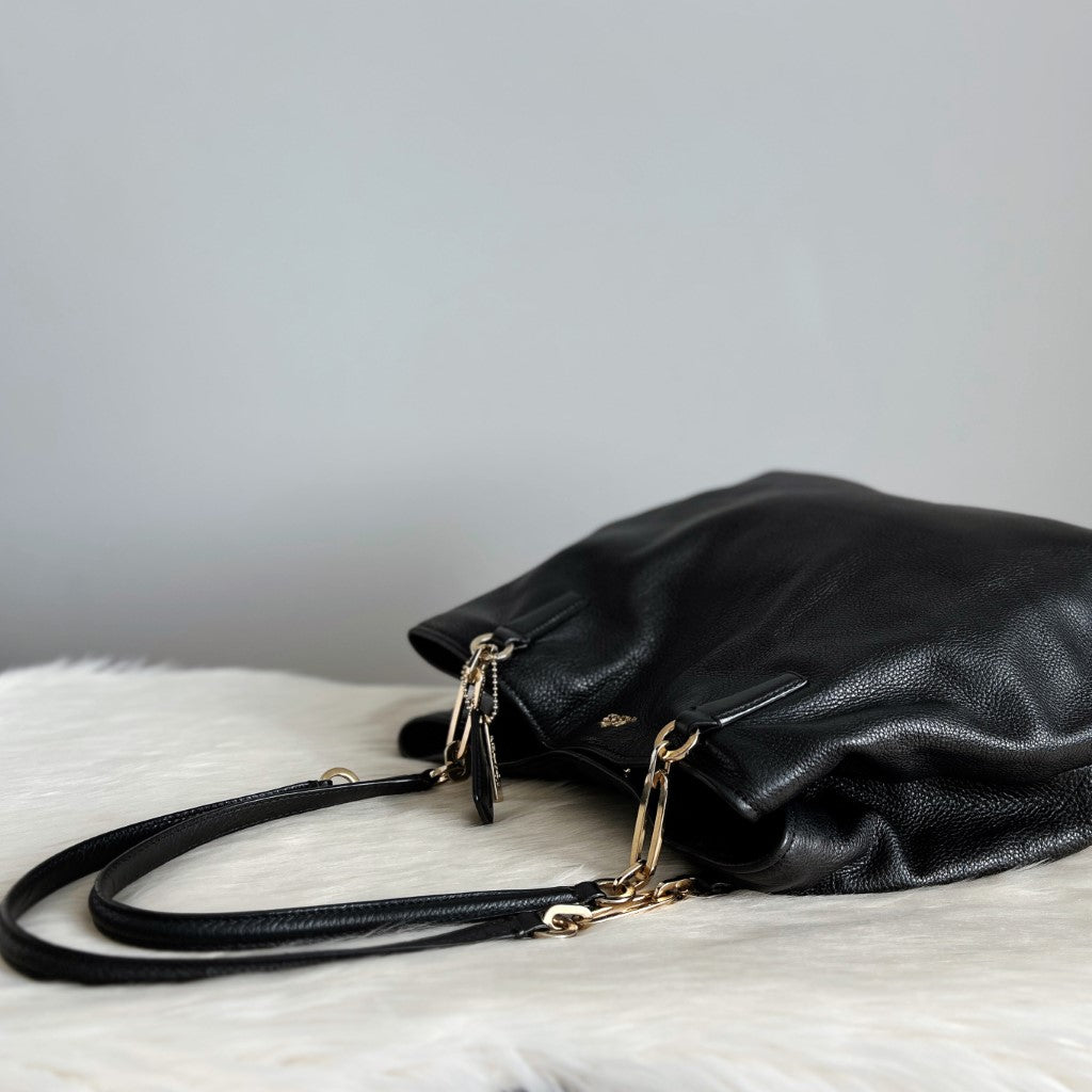 Coach Black Leather Chain Detail Large Shoulder Bag