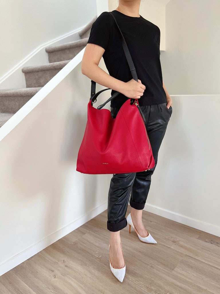 Furla Red Leather Slouchy Large 2 Way Shoulder Bag Excellent