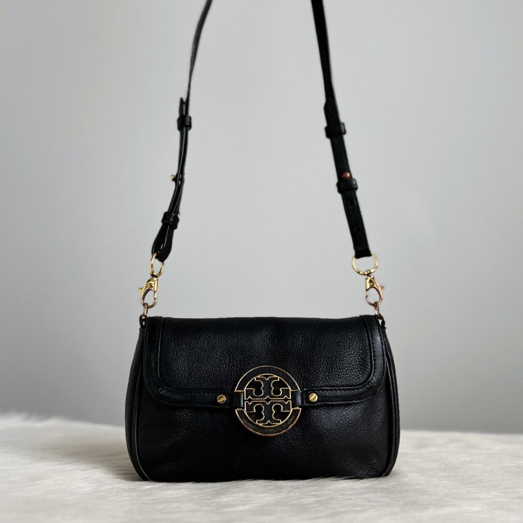 Tory Burch Black Leather Front Logo Mini Crossbody Shoulder Bag