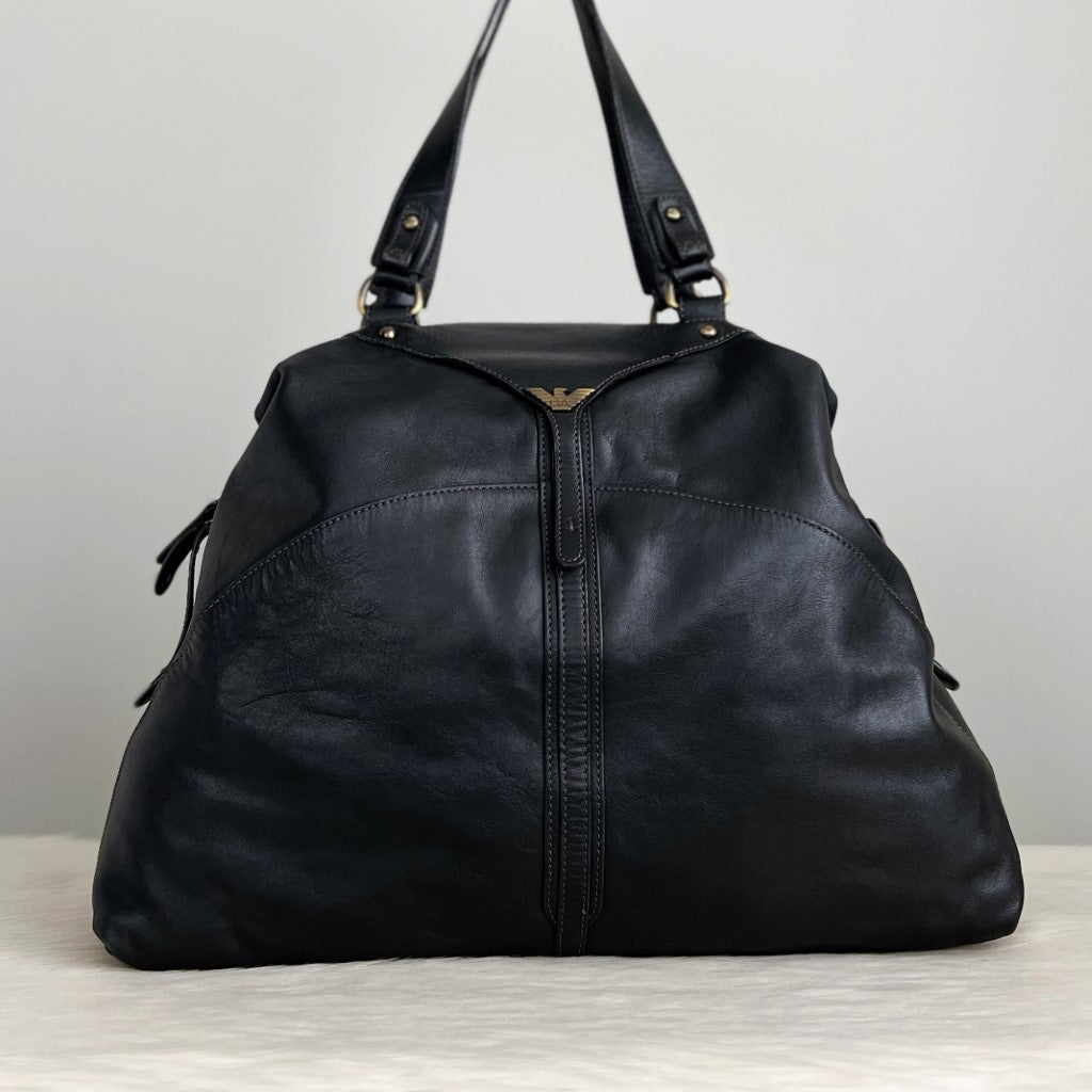 Emporio Armani Black Leather Front Logo Large Shoulder Bag