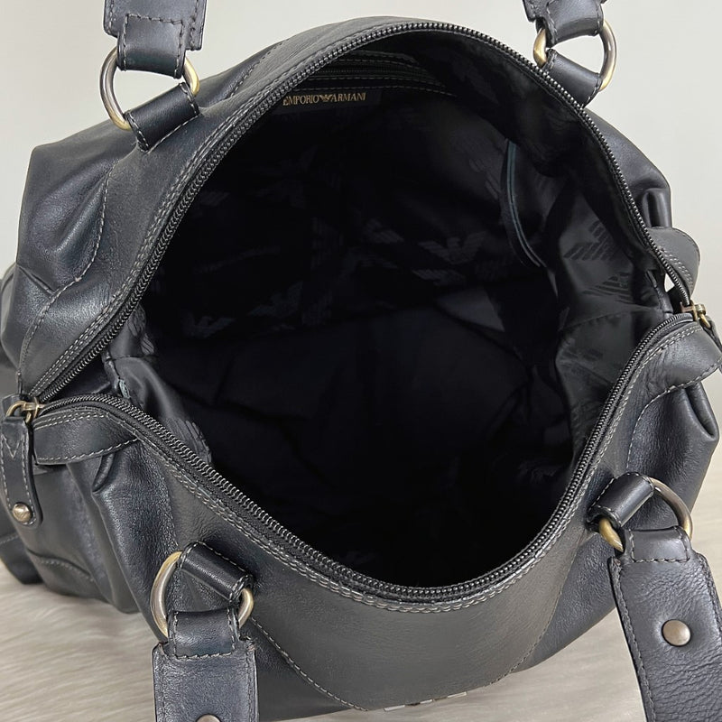 Emporio Armani Black Leather Front Logo Large Shoulder Bag
