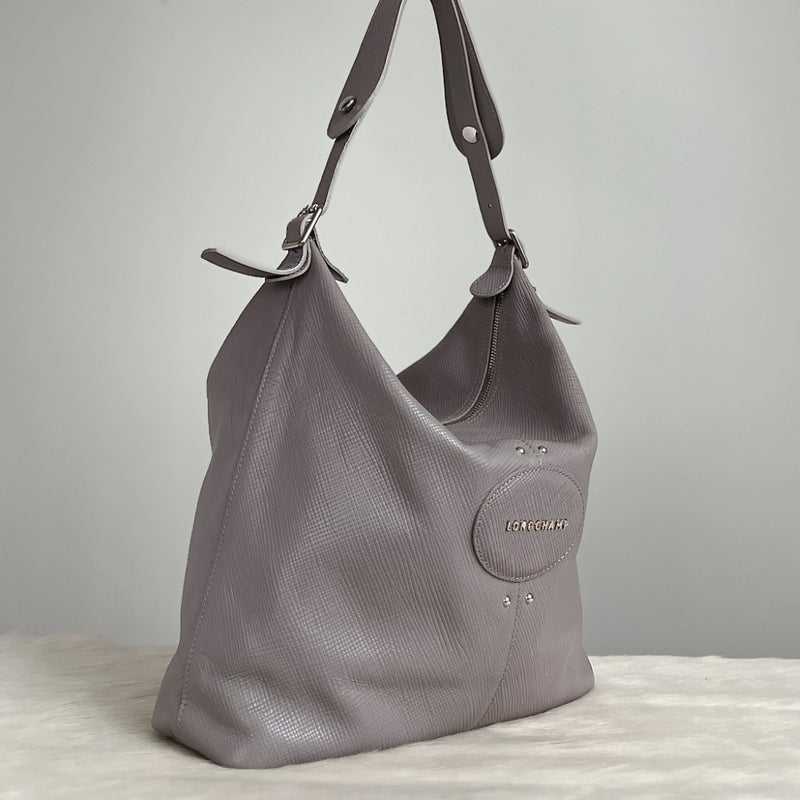 Longchamp Grey Leather Front Logo Slouchy Shoulder Bag Excellent