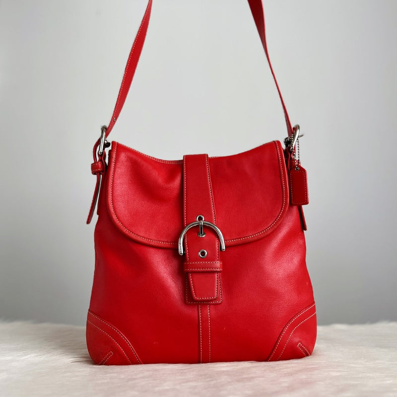 Coach Red Leather Buckle Flap Crossbody Shoulder Bag