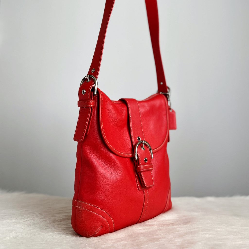 Coach Red Leather Buckle Flap Crossbody Shoulder Bag