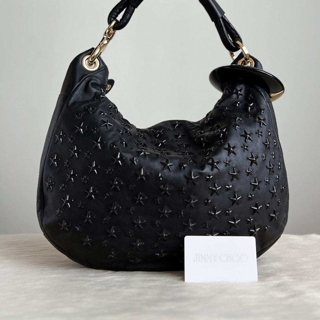 Jimmy Choo Signature Black Leather Solar Studded Hobo Shoulder Bag Excellent