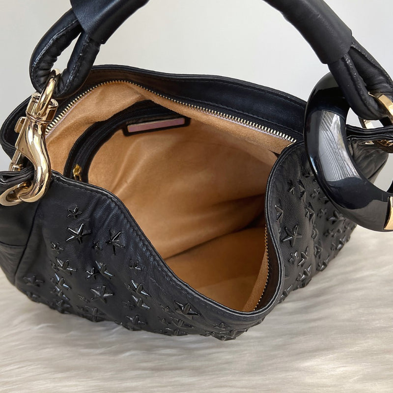 Jimmy Choo Signature Black Leather Solar Studded Hobo Shoulder Bag Exc