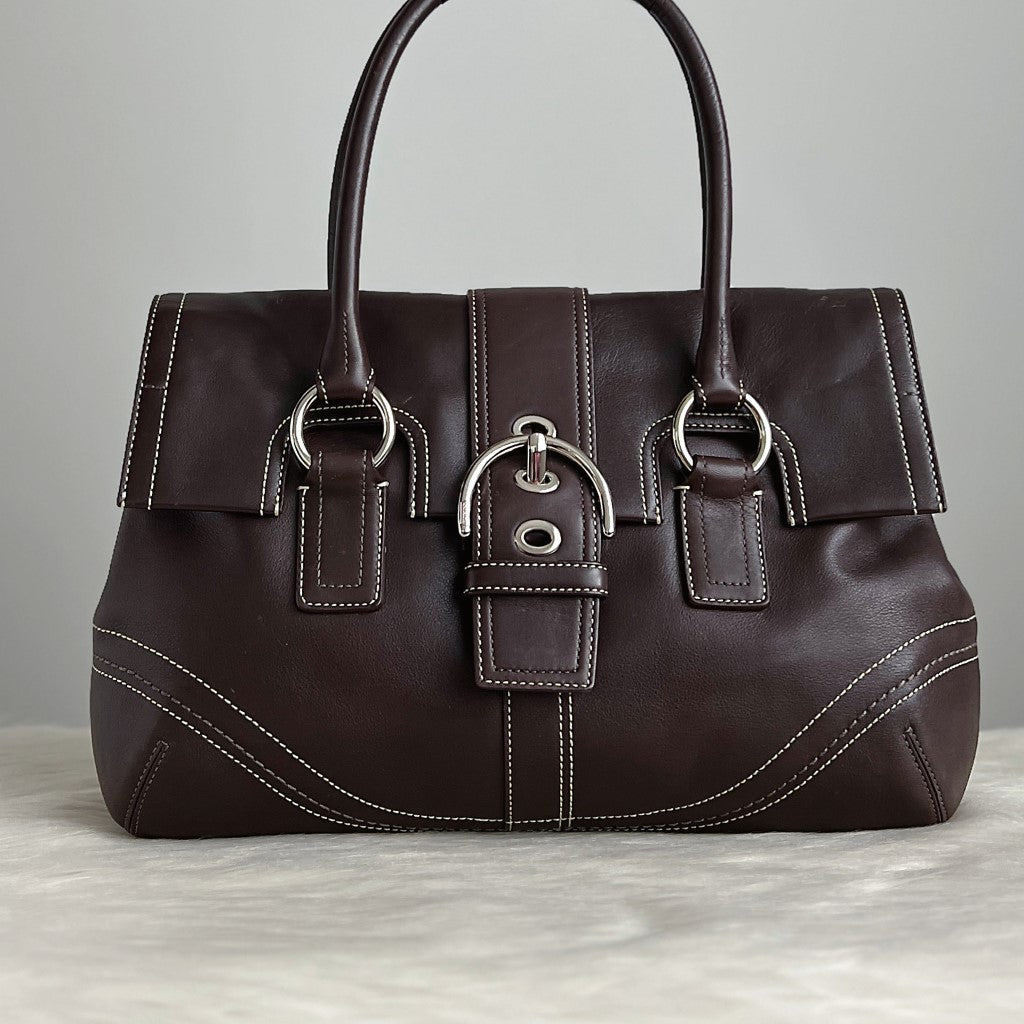 Coach Chocolate Leather Buckle Flap Career Shoulder Bag