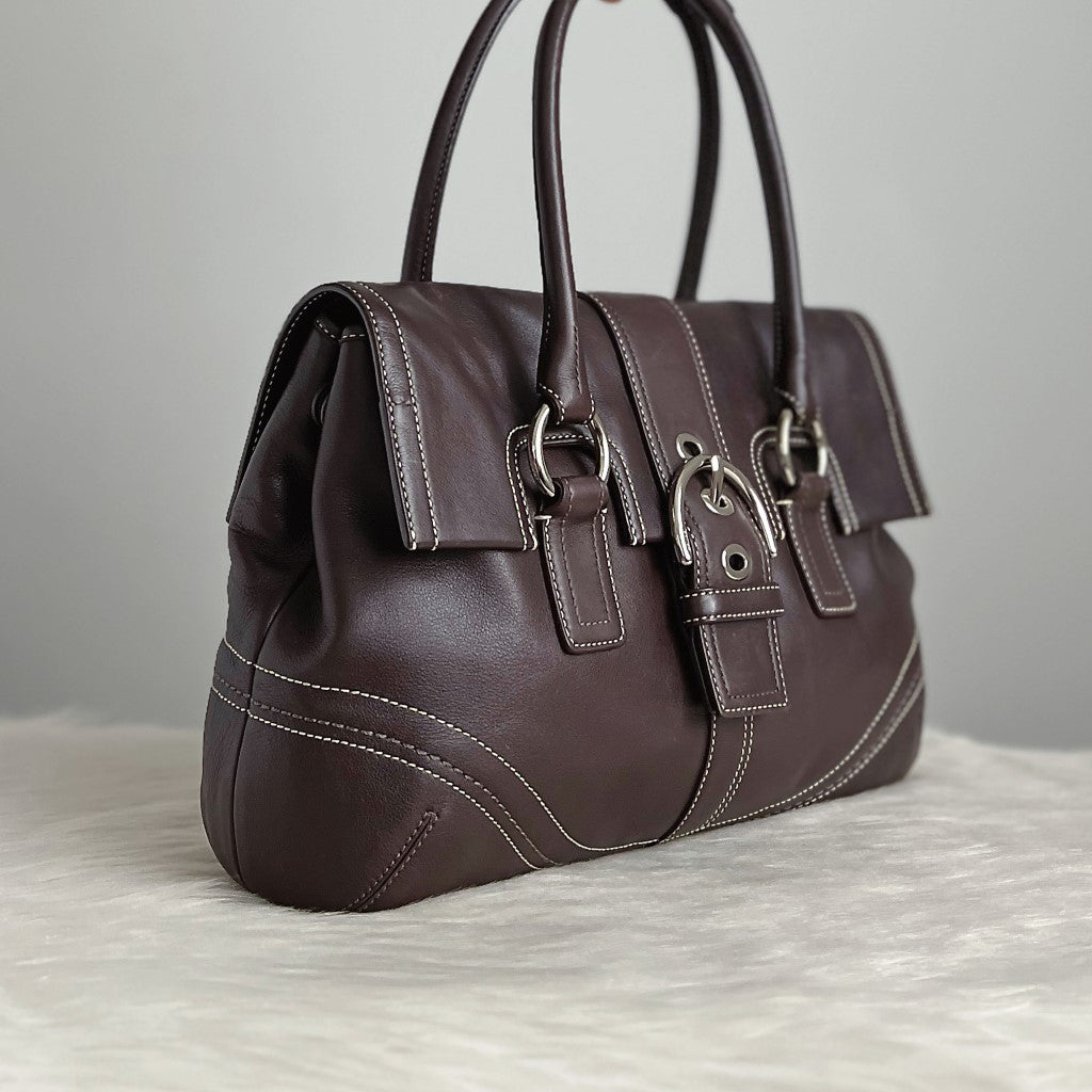 Coach Chocolate Leather Buckle Flap Career Shoulder Bag