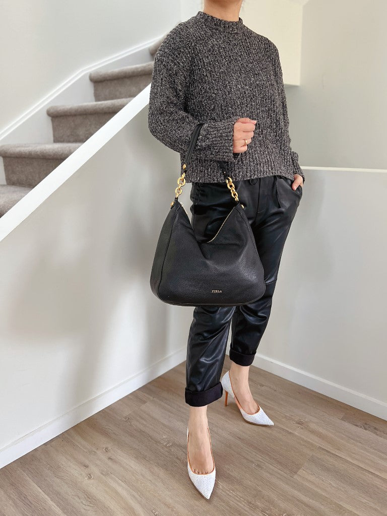 Furla Black Leather Chain Detail Slouchy Shoulder Bag