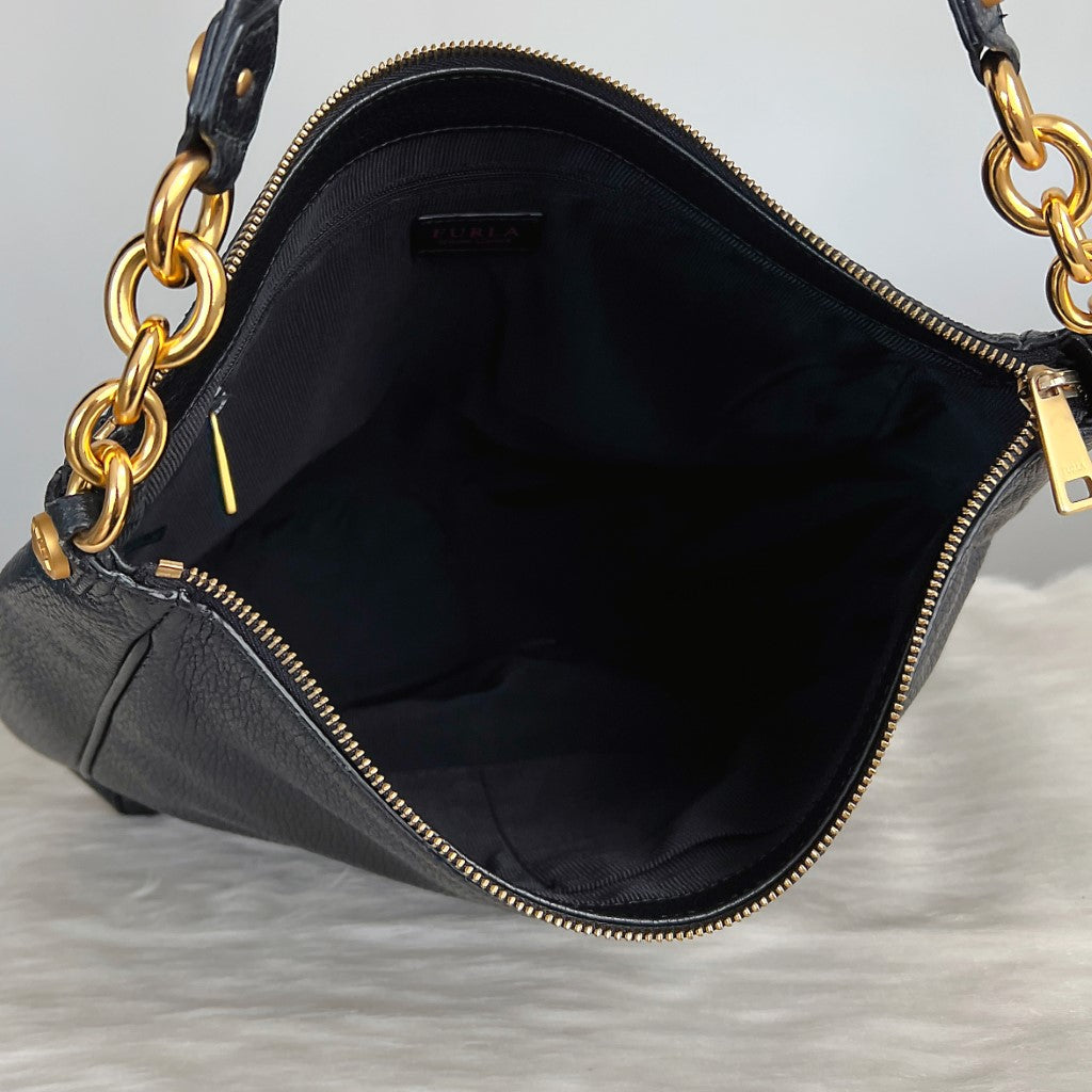 Furla Black Leather Chain Detail Slouchy Shoulder Bag