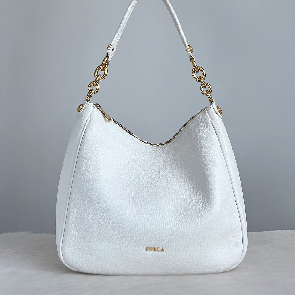 Furla White Leather Chain Detail Slouchy Shoulder Bag