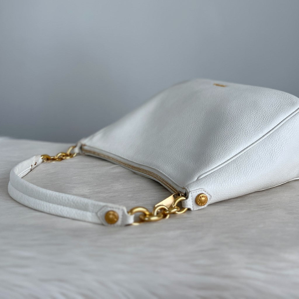 Furla White Leather Chain Detail Slouchy Shoulder Bag