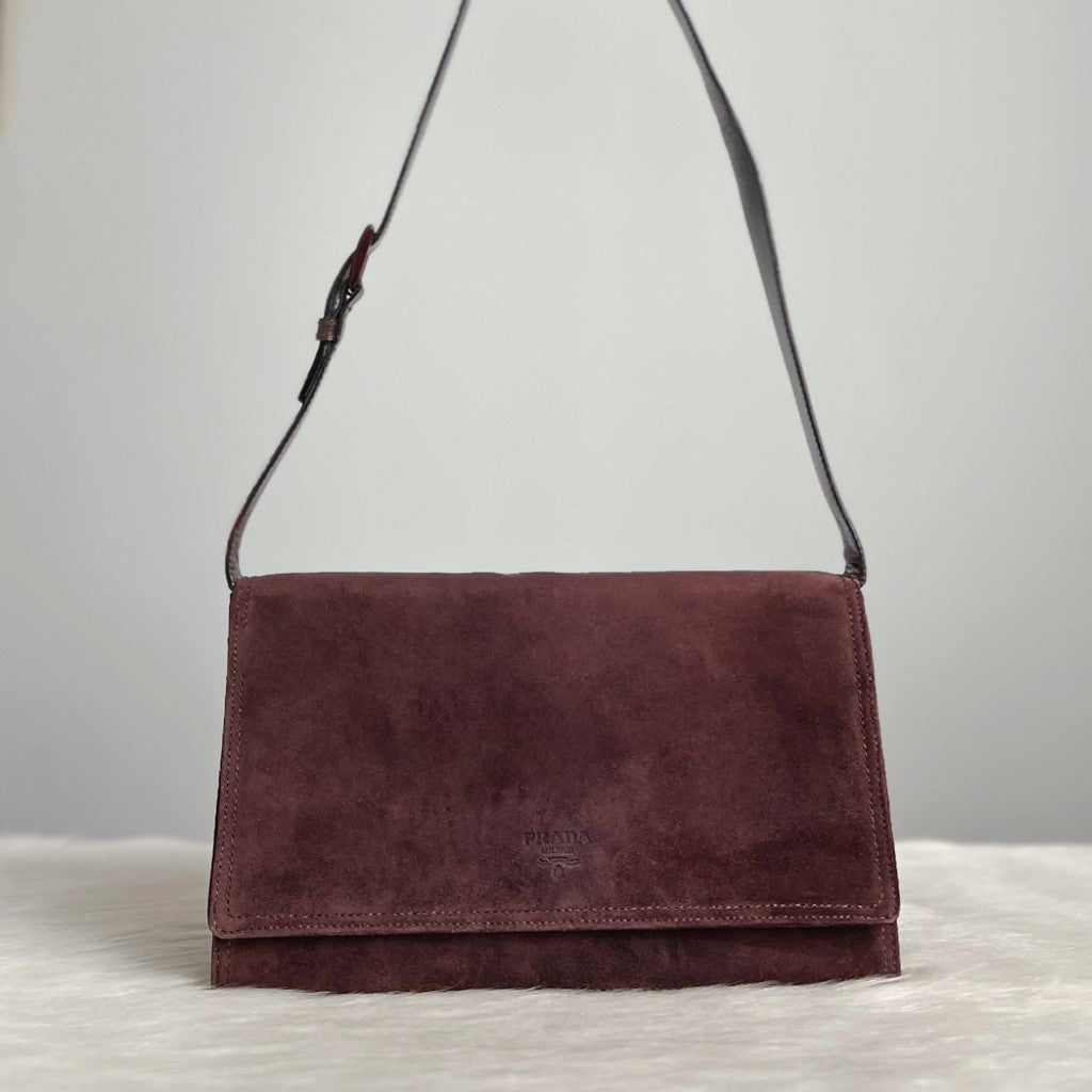 Prada Chocolate Suede Double Compartment Shoulder Bag