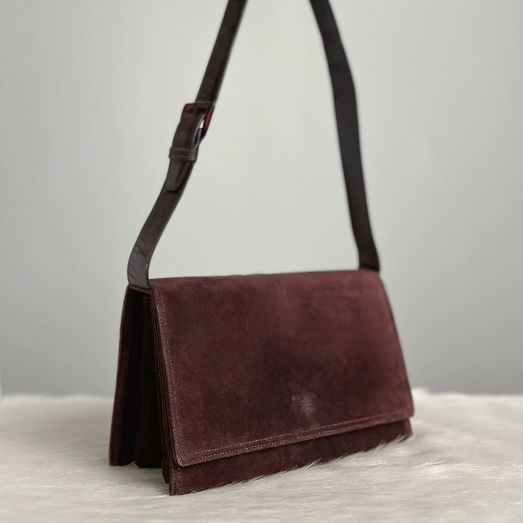 Prada Chocolate Suede Double Compartment Shoulder Bag