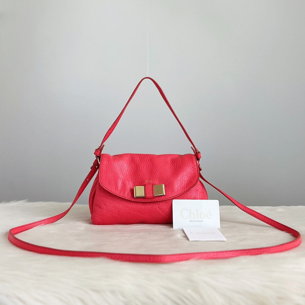 Chloe Bright Pink Leather Front Bow 2 Way Crossbody Shoulder Bag Excellent