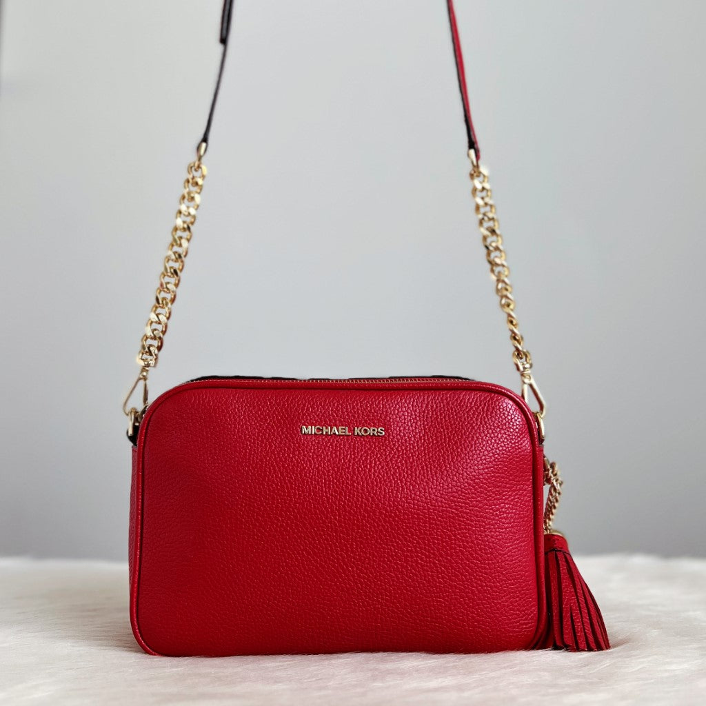 Michael Kors Red Leather Tassel Charm Detail Crossbody Shoulder Bag Excellent