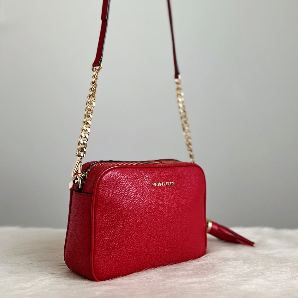 Michael Kors Red Leather Tassel Charm Detail Crossbody Shoulder Bag Excellent