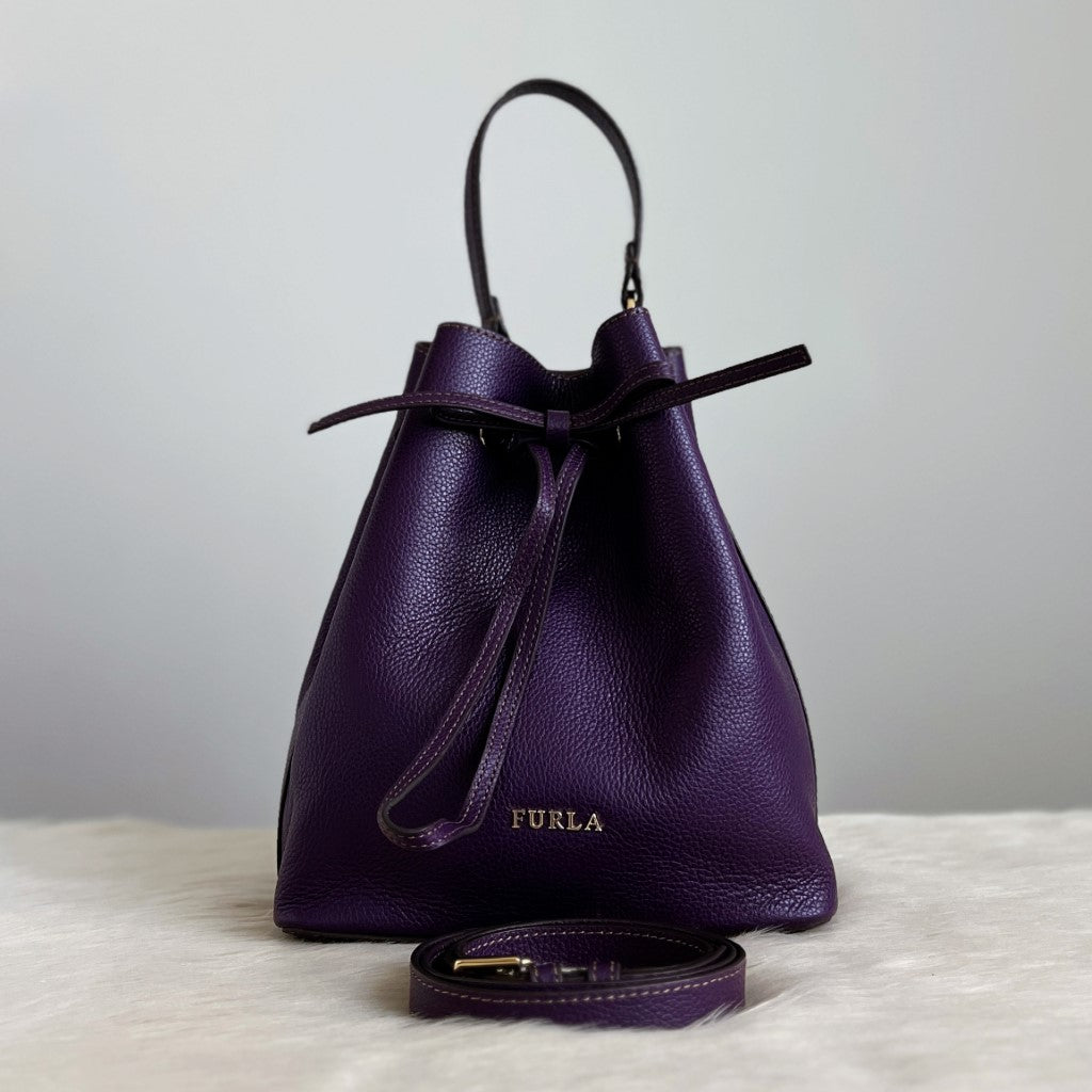 Furla Purple Leather Drawstring Bucket 2 Way Shoulder Bag Like New