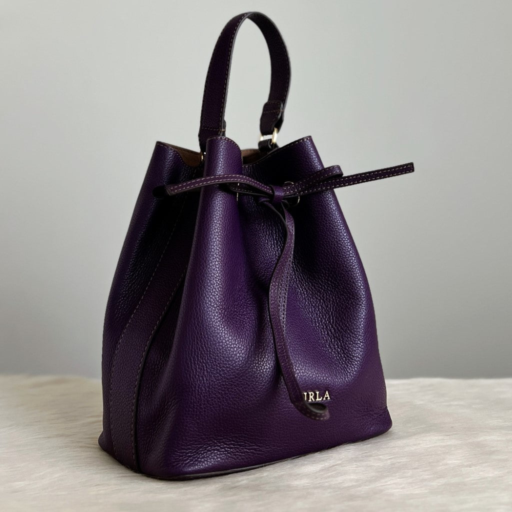 Furla Purple Leather Drawstring Bucket 2 Way Shoulder Bag Like New