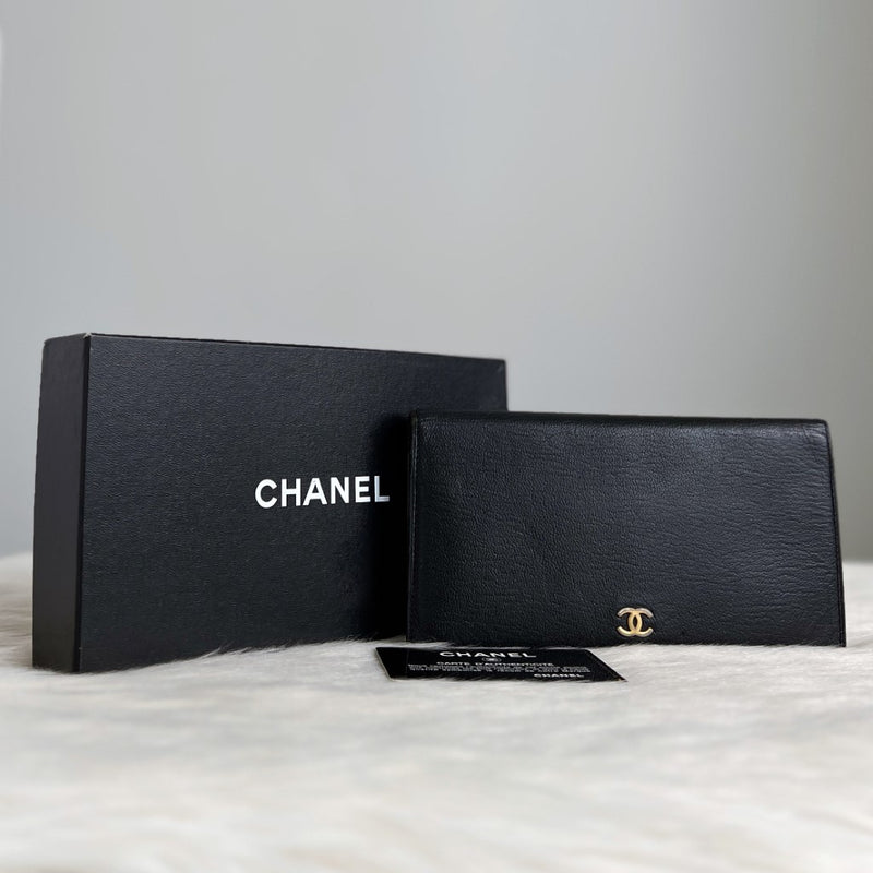 Chanel Black Leather Zip Compartment Fold Long Wallet