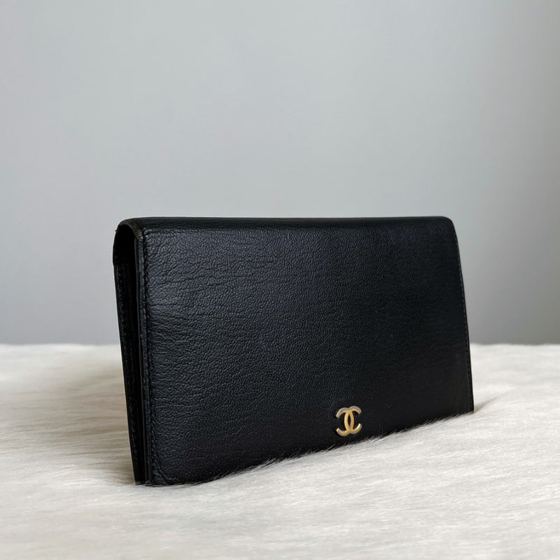 Chanel Black Leather Zip Compartment Fold Long Wallet