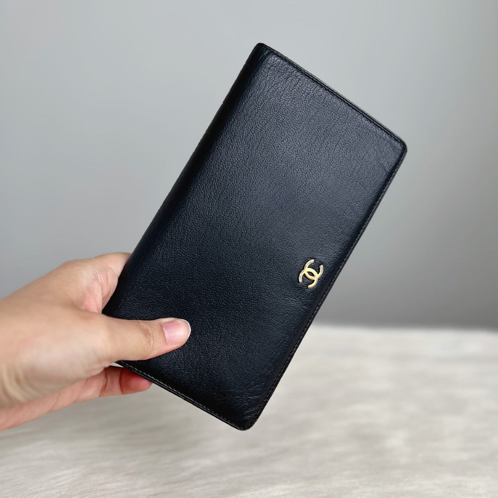 Chanel Black Leather Zip Compartment Fold Long Wallet