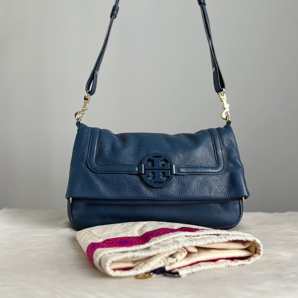 Tory Burch Blue Leather Front Logo Crossbody Shoulder Bag Excellent