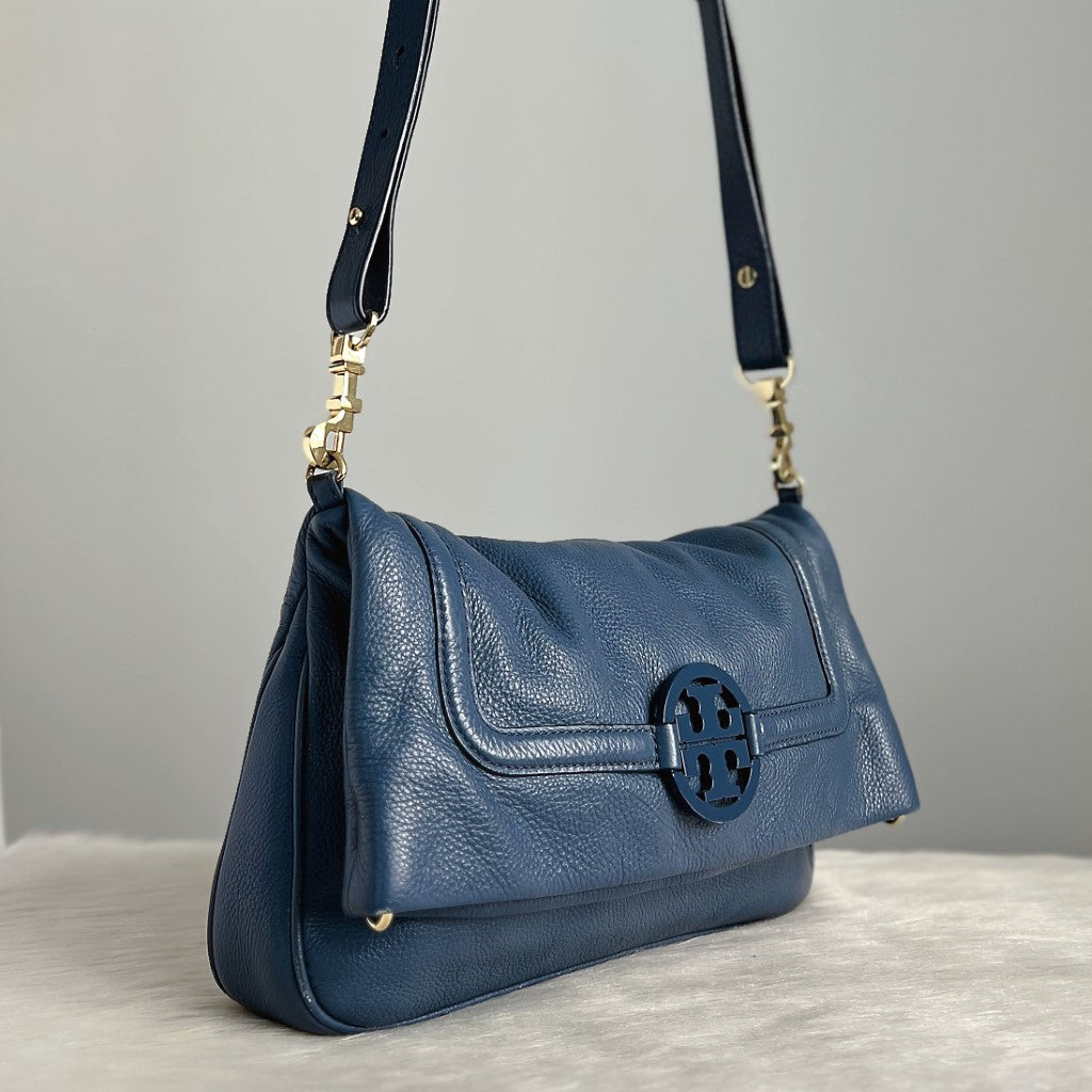 Tory Burch Blue Leather Front Logo Crossbody Shoulder Bag Excellent