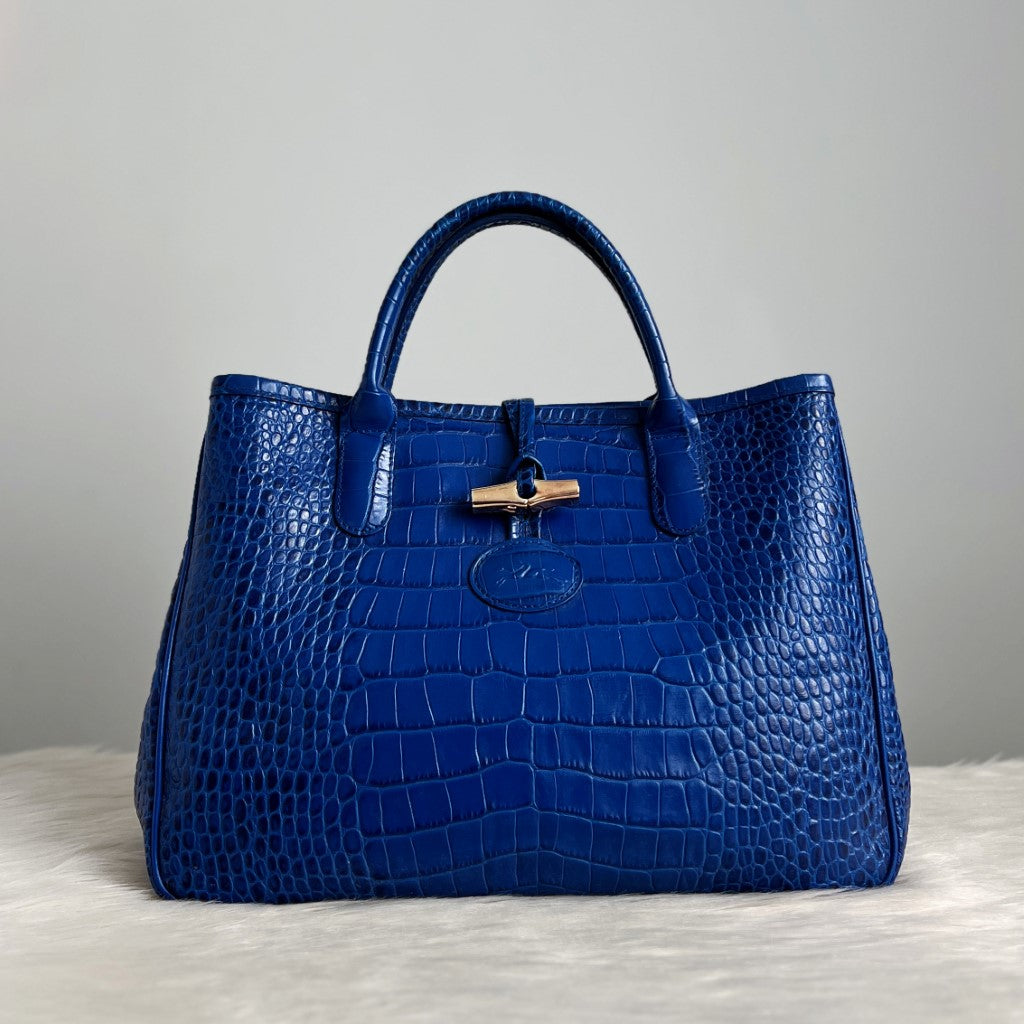 Longchamp Blue Leather Signature Closure Tote Bag Excellent