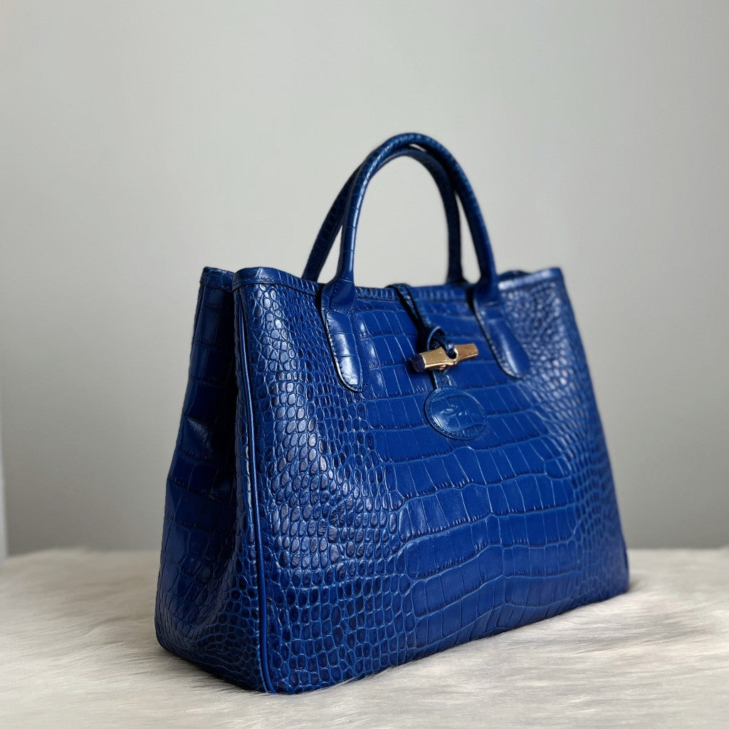 Longchamp Blue Leather Signature Closure Tote Bag Excellent