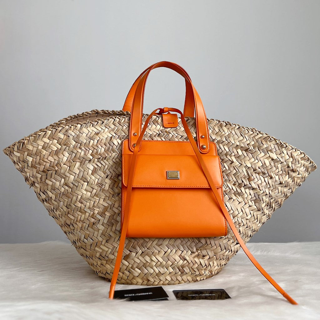 Dolce & Gabbana D&G Orange Leather Straw Large Holiday Tote Excellent